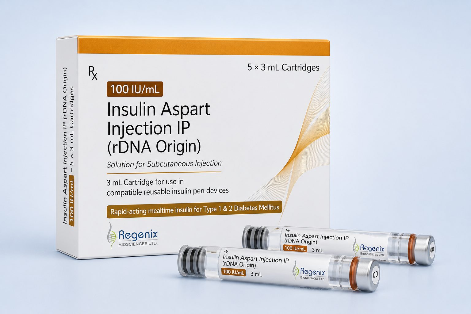 Insulin Aspart Injection IP (rDNA Origin) 100 IU/mL — 3 mL cartridge pack from Regenix Biosciences